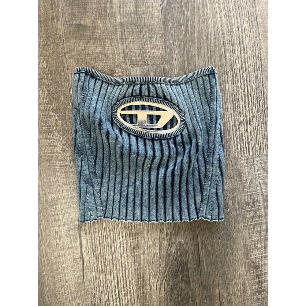 Diesel M-Aris-Bandeau Ribbed Knit Tube Top Blue Oval D Logo Small Fits Medium